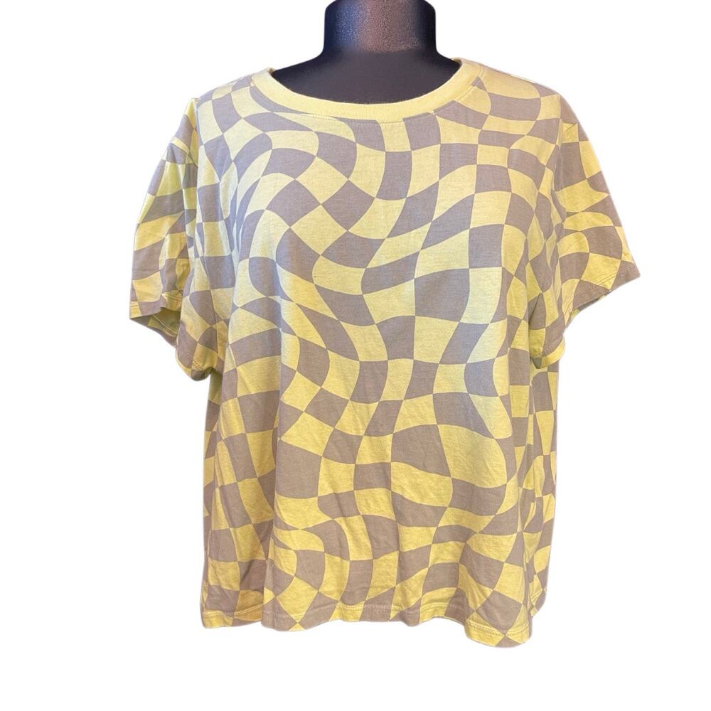 Wild Fable Yellow/Gray Wavy Check Crew Neck Short Sleeve Knit Cropped T-Shirt XL